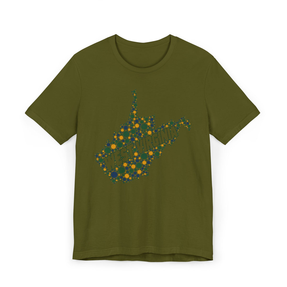 Olive green West Virginia floral map graphic T-shirt with dotted state outline