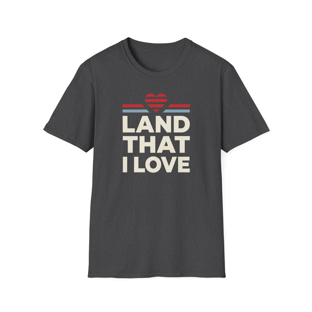 Graphic t-shirt with 'LAND THAT I LOVE' text, dark gray crewneck.