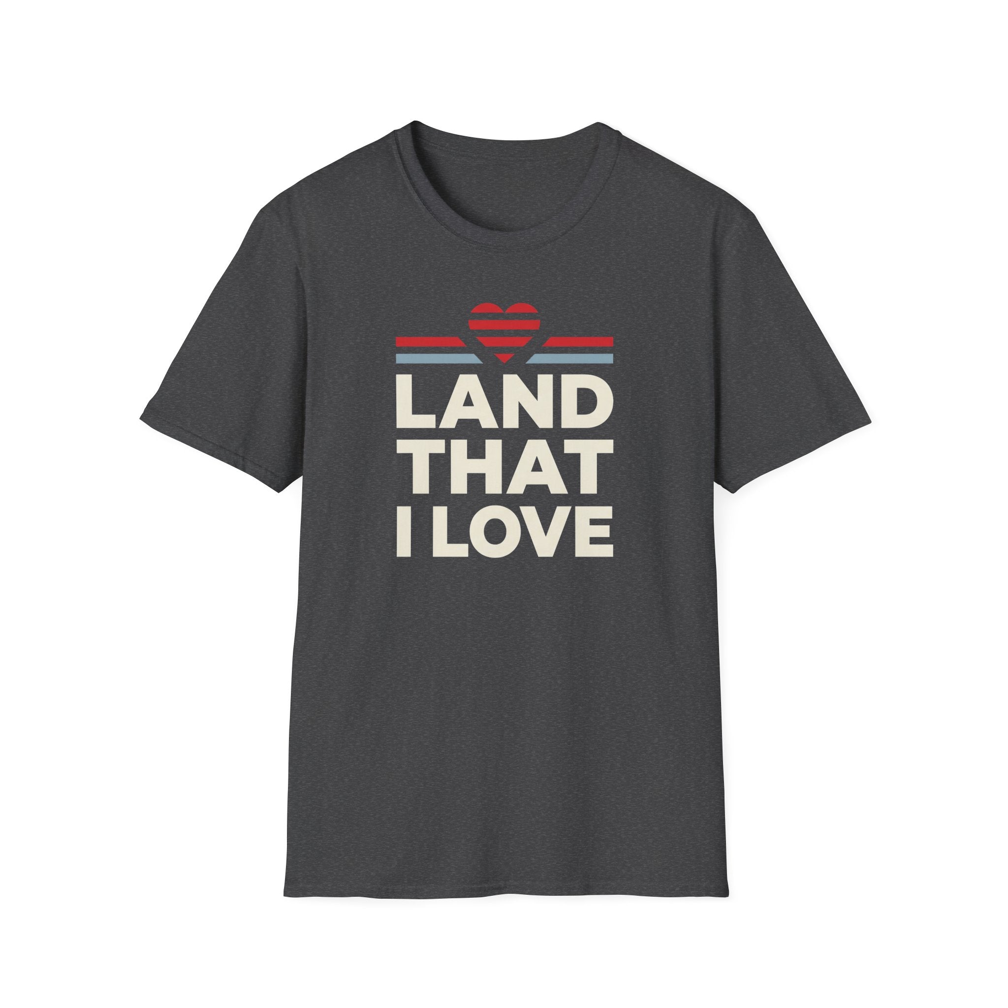 Graphic t-shirt with 'LAND THAT I LOVE' text, dark gray crewneck.