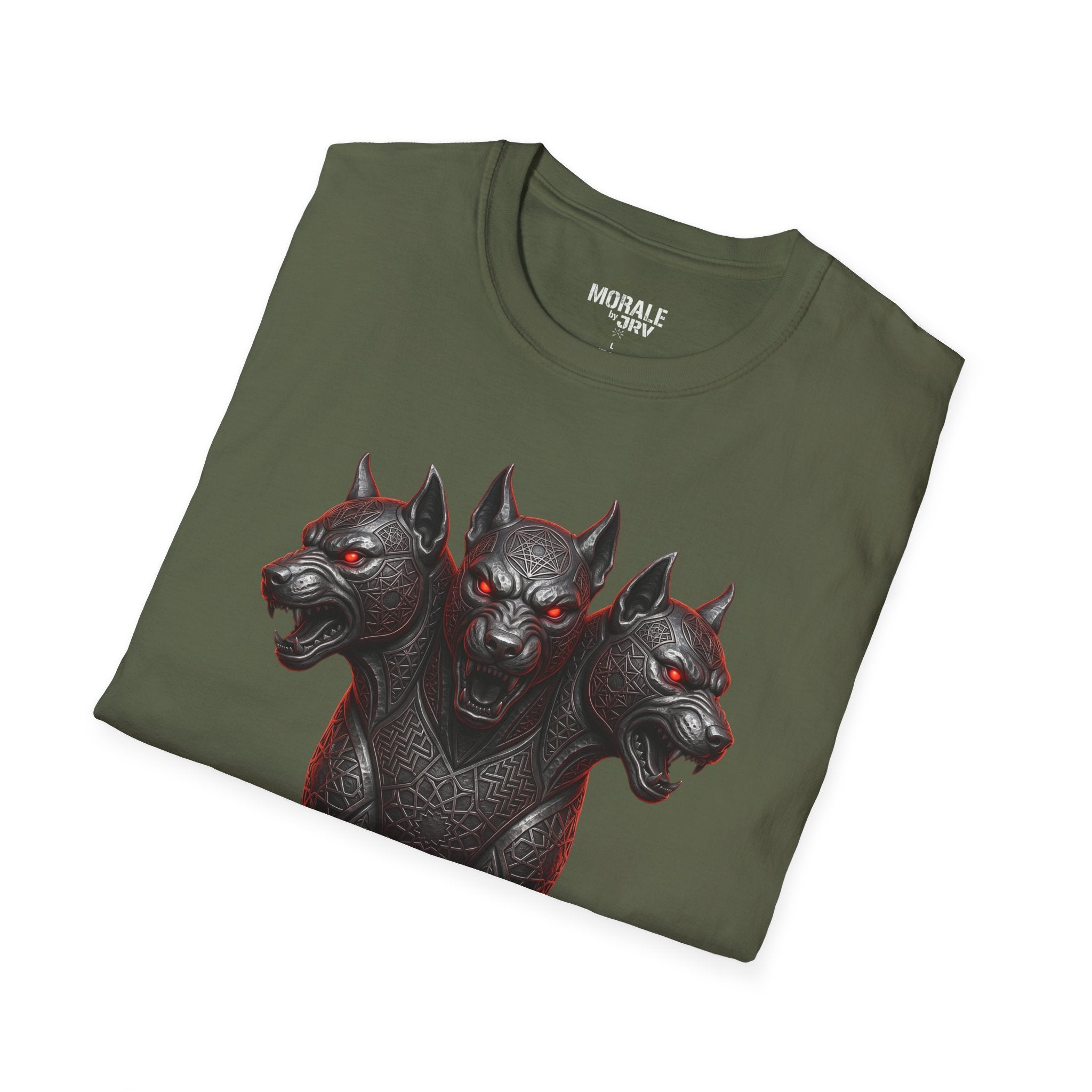 Military Green three-headed Cerberus dog graphic T-shirt with red glowing eyes