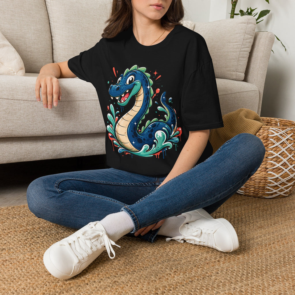 Black sea serpent graphic T-shirt with smiling cartoon lake monster front design