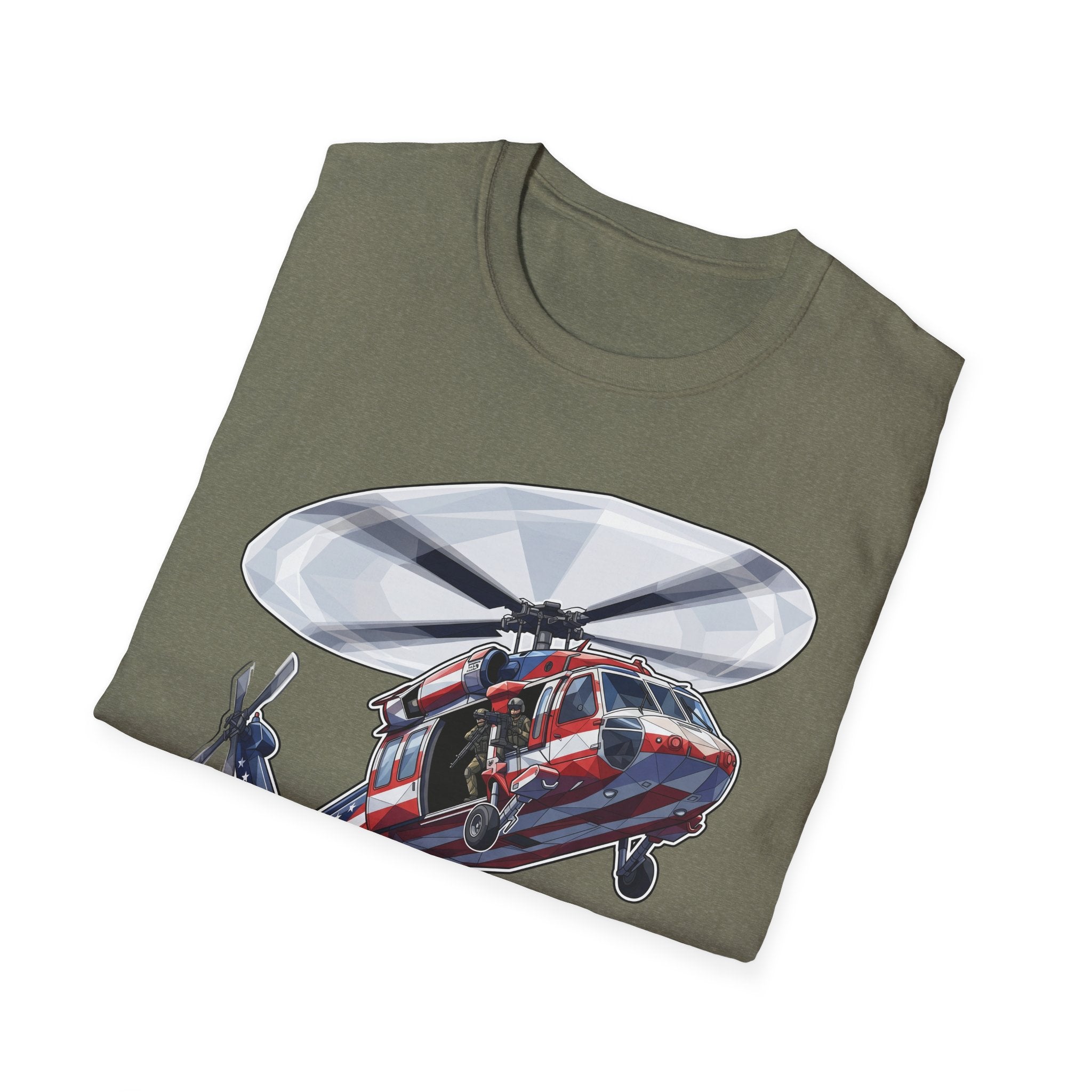American Flag Rescue Helicopter T-Shirt, olivgrün mit Hubschrauber-Frontprint