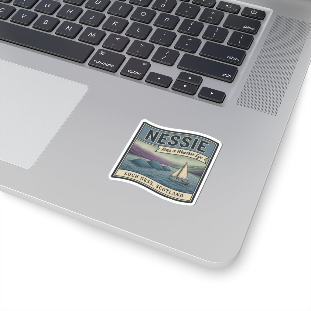 Vintage Nessie sticker with sailboat, 'Loch Ness, Scotland' text, on laptop