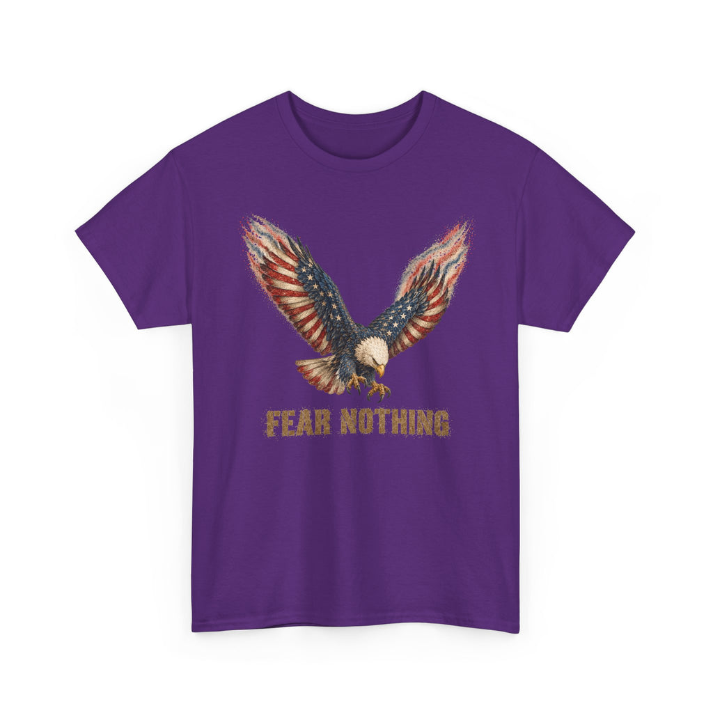 Purple t-shirt with eagle graphic and “FEAR NOTHING” text on front