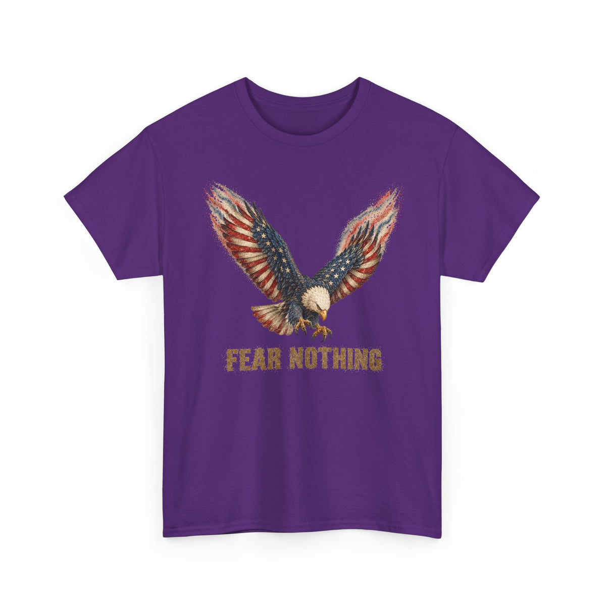 Purple t-shirt with eagle graphic and “FEAR NOTHING” text on front