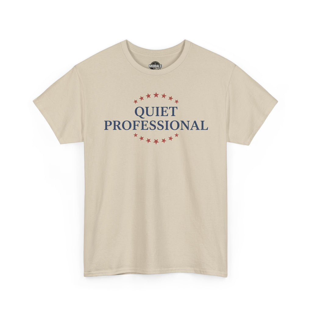 Sand crew-neck T-shirt with red star-circle and blue “QUIET PROFESSIONAL” print