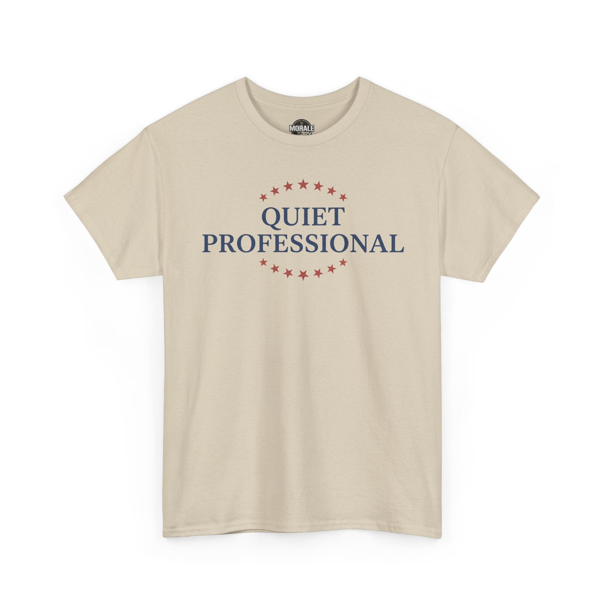 Sand crew-neck T-shirt with red star-circle and blue “QUIET PROFESSIONAL” print