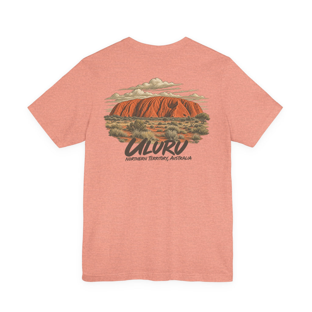 Rust red T-shirt with back Uluru landscape graphic and “ULURU” text