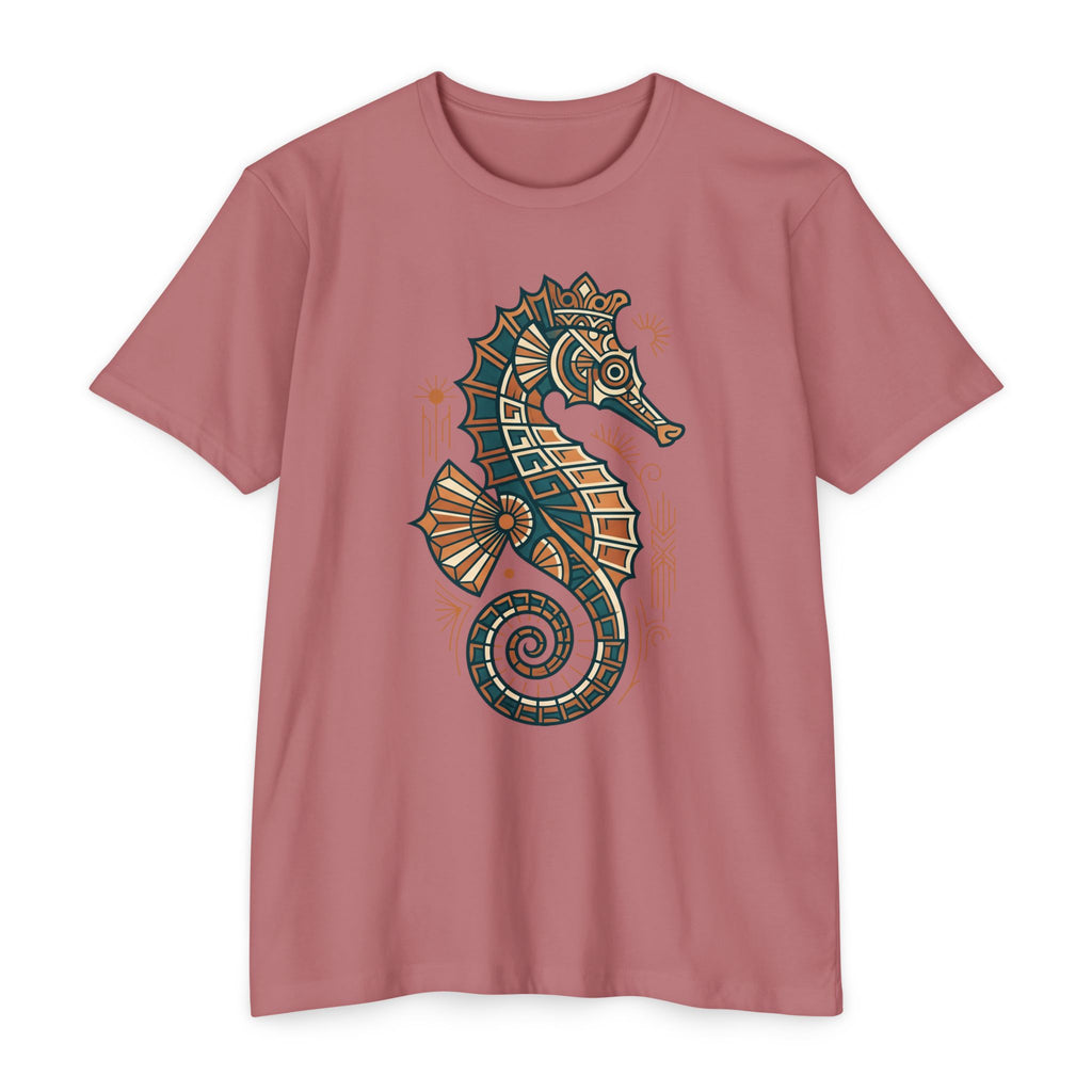 Rose unisex T-shirt with colorful seahorse mosaic graphic on the chest