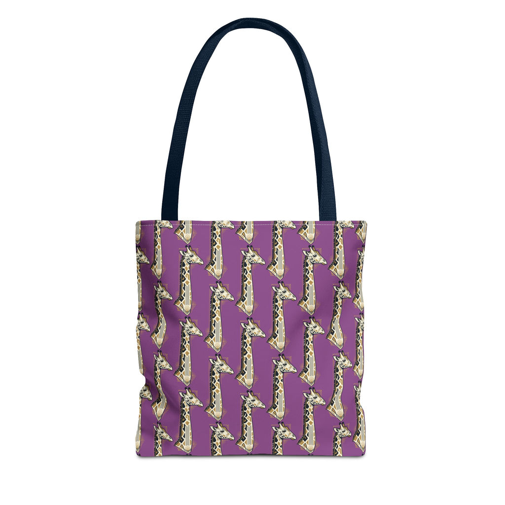 Purple tote bag with repeating saxophone pattern, navy top handles