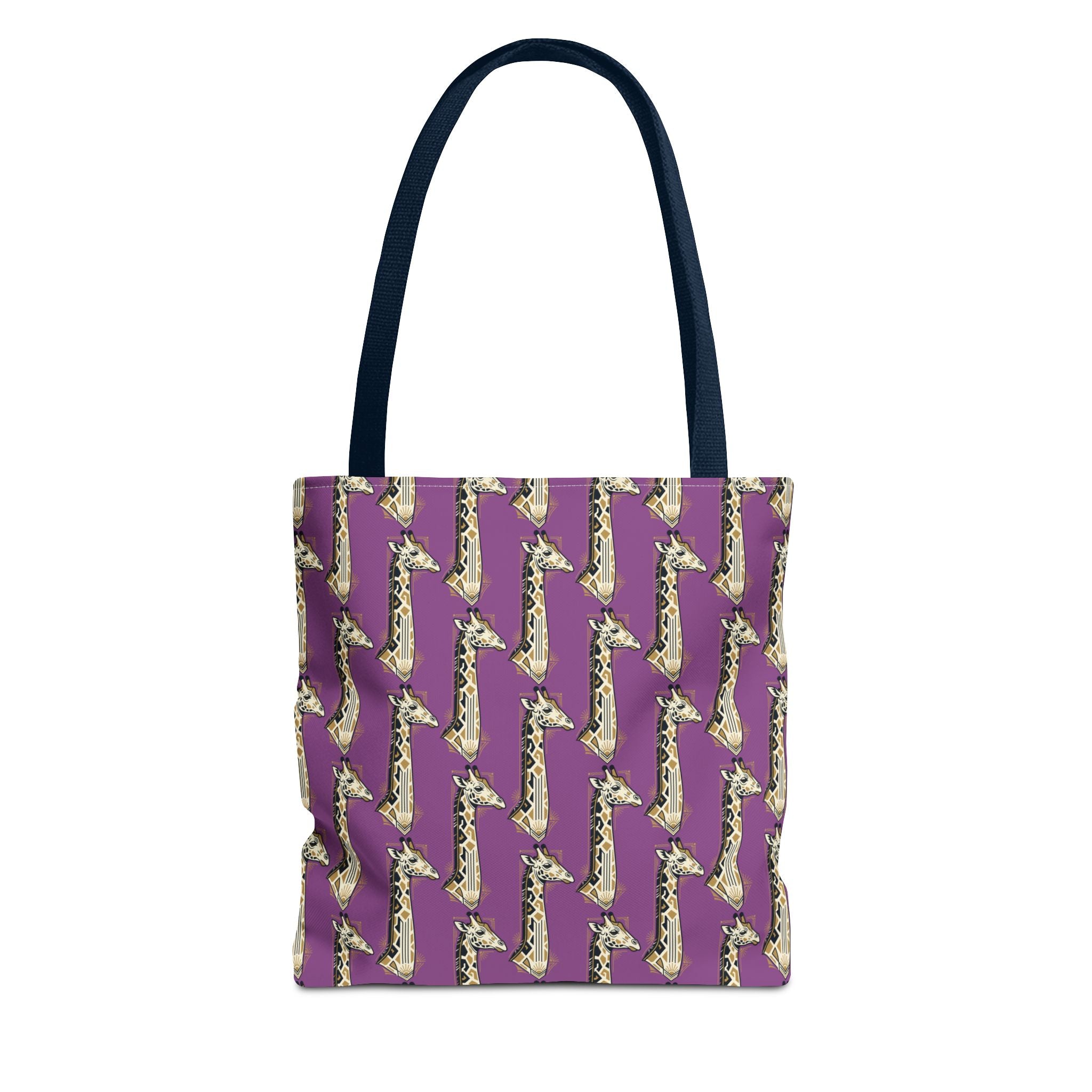 Purple tote bag with repeating saxophone pattern, navy top handles