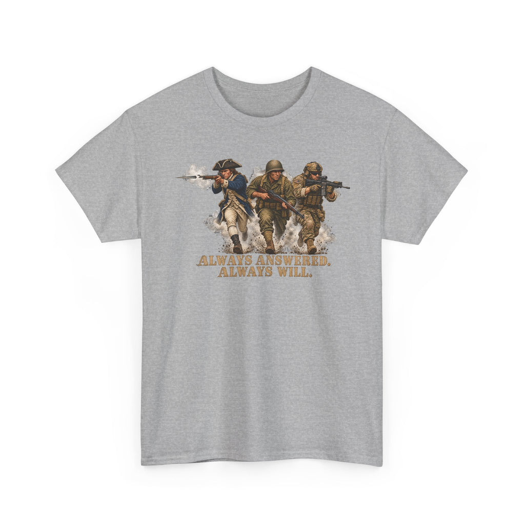 Heather gray graphic military T-shirt with soldier trio and 'Always Answered'/'Always Will'