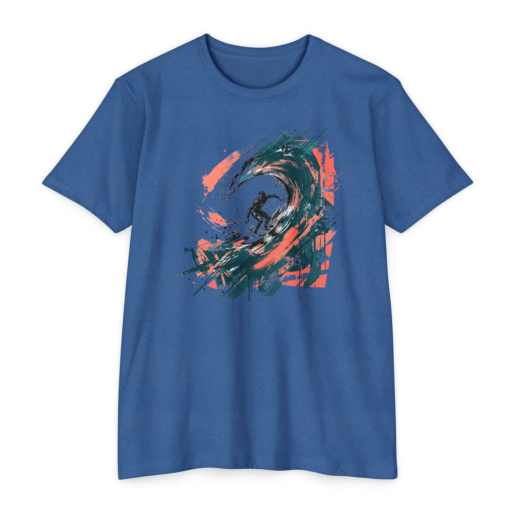 Blue unisex T-shirt with front abstract wave paintbrush graphic in teal, green, orange, and black