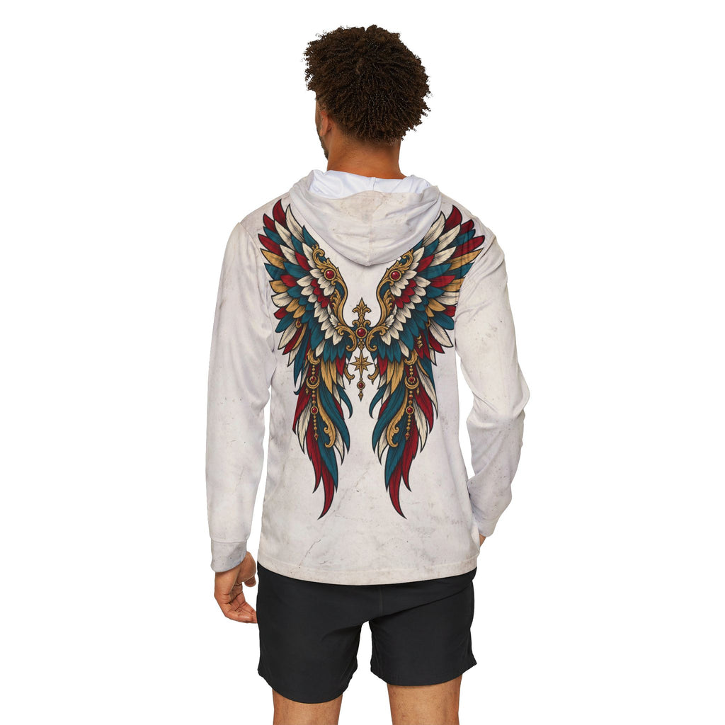 White hoodie with large winged anatomical heart graphic on the back