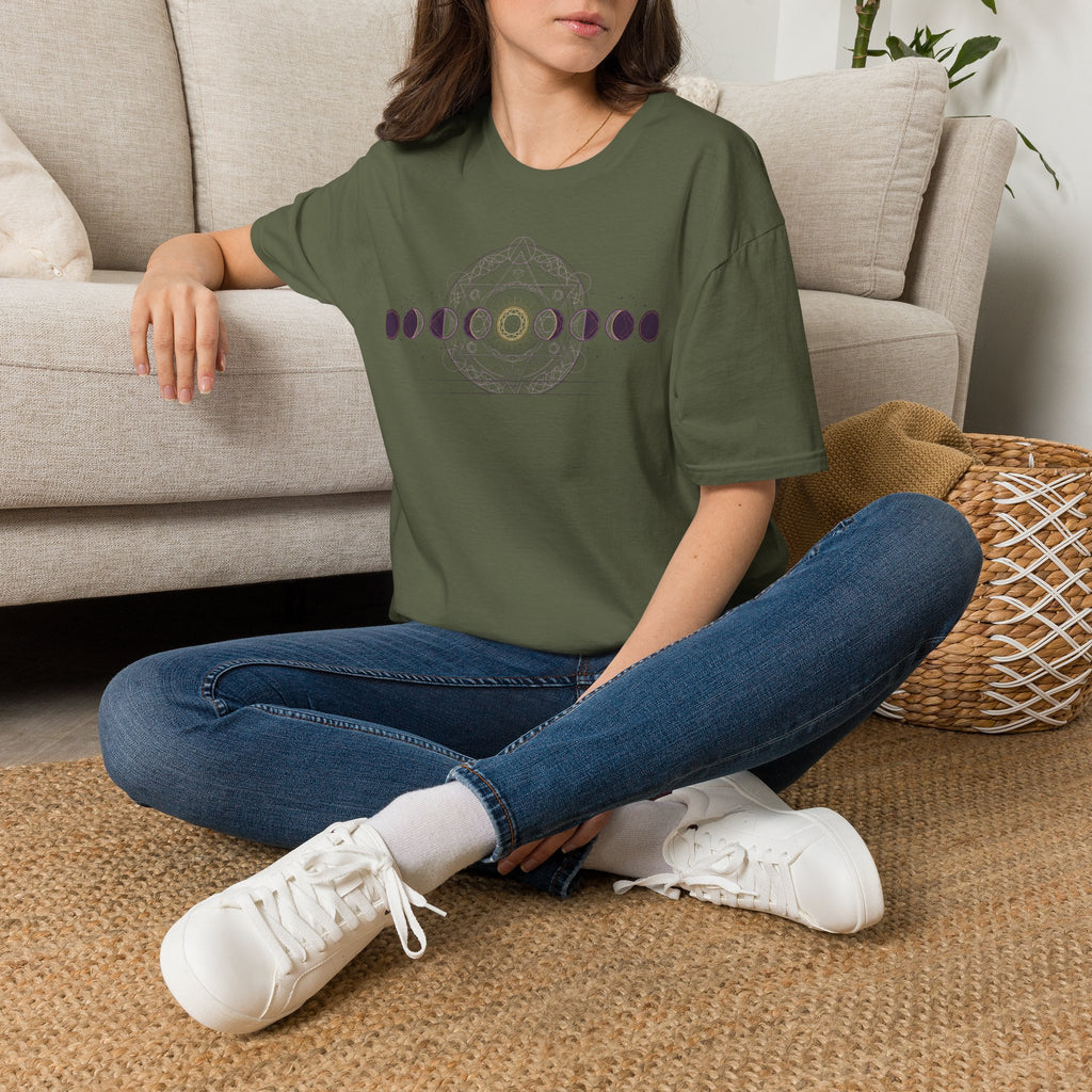 Moon phases T-shirt, olive green with purple lunar graphic across the chest