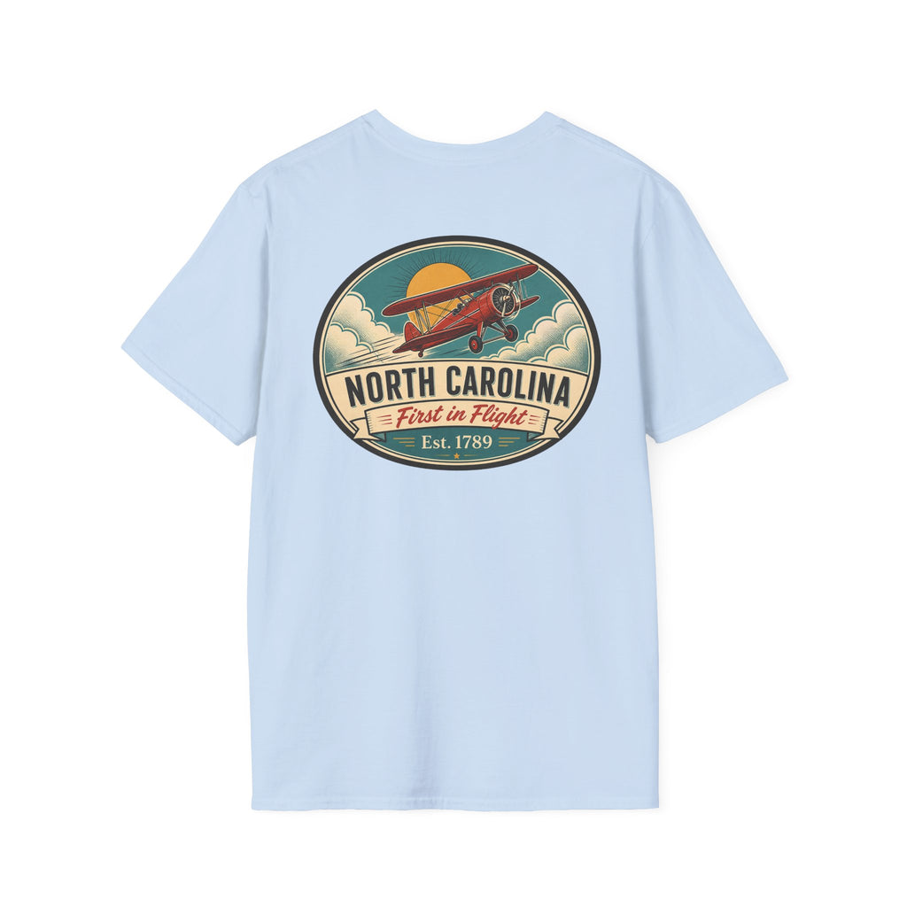 Light blue T-shirt with North Carolina biplane oval graphic, crewneck short sleeves