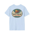 Light blue T-shirt with North Carolina biplane oval graphic, crewneck short sleeves