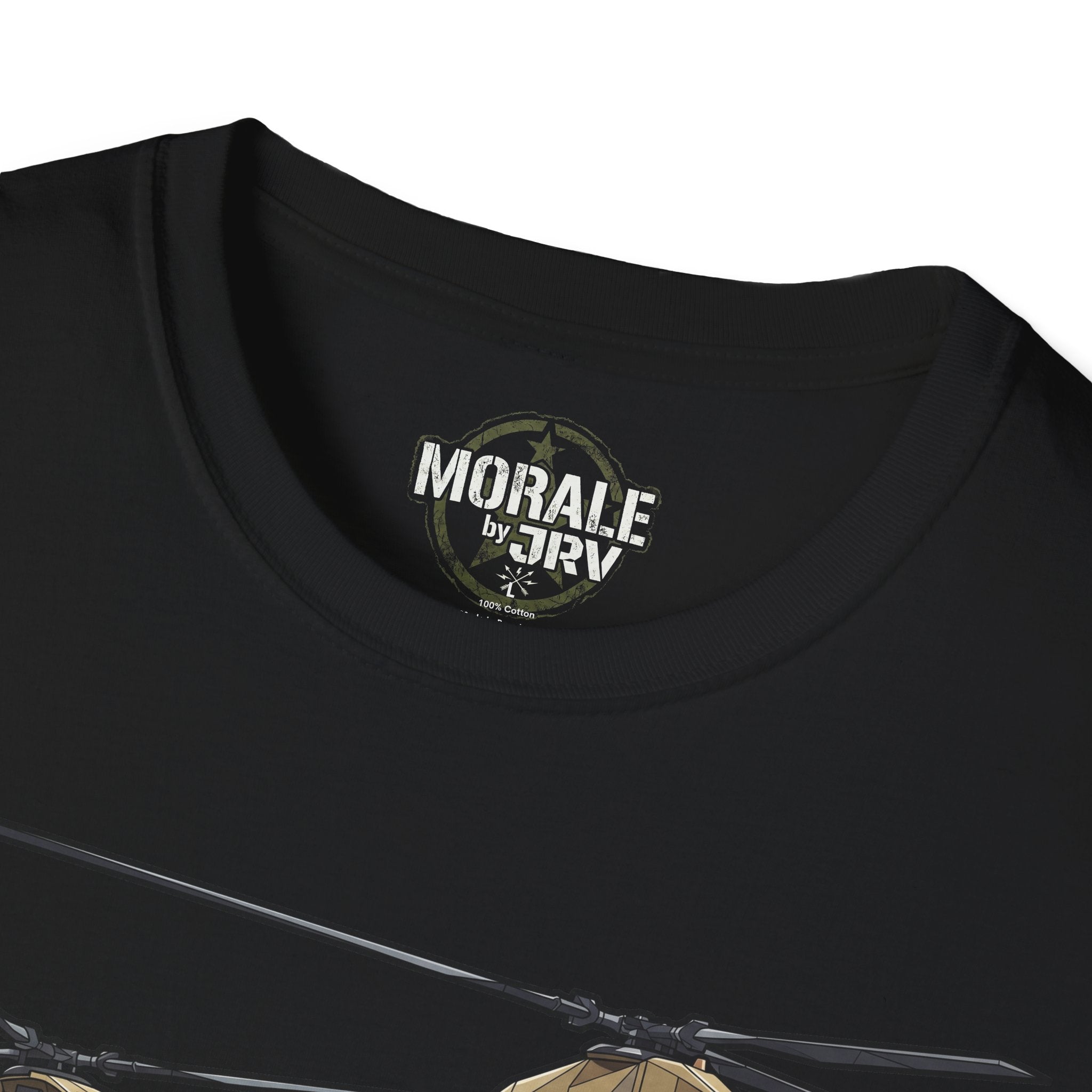 Black T-shirt neckline with small “MORALE by TRV” logo patch
