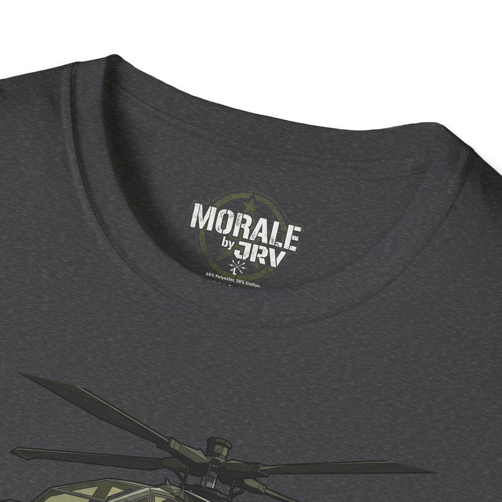 AH-64 Apache T-Shirt close-up: “MORALE by TRX” neck print and helicopter graphic.