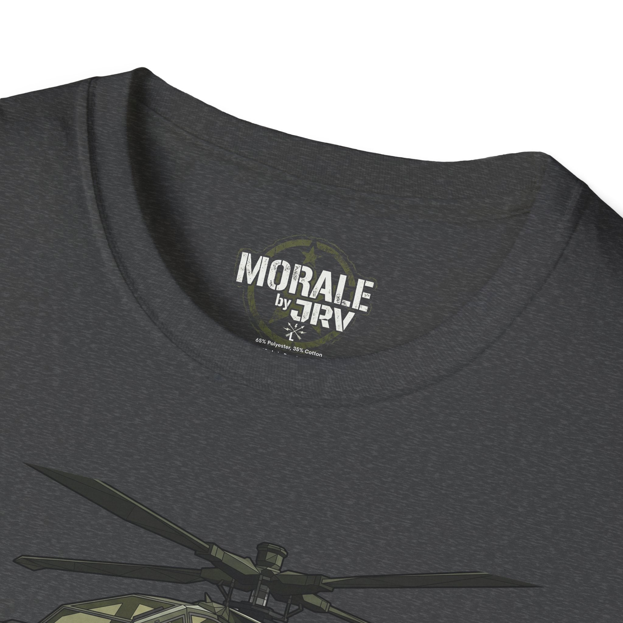 AH-64 Apache T-Shirt close-up: “MORALE by TRX” neck print and helicopter graphic.