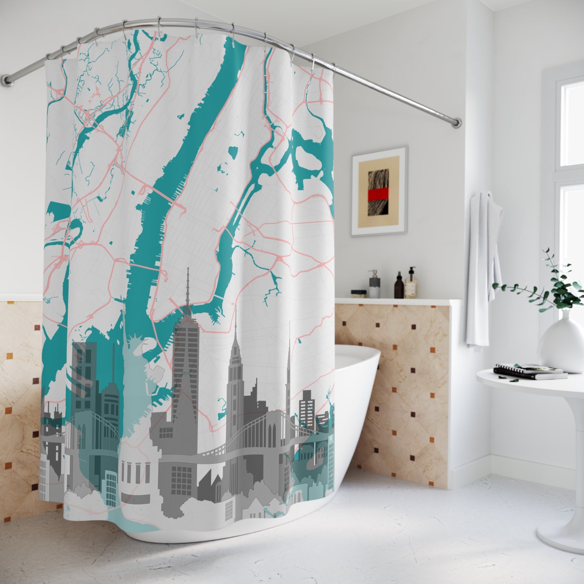 Teal city map shower curtain with skyline towers, hanging over bathtub