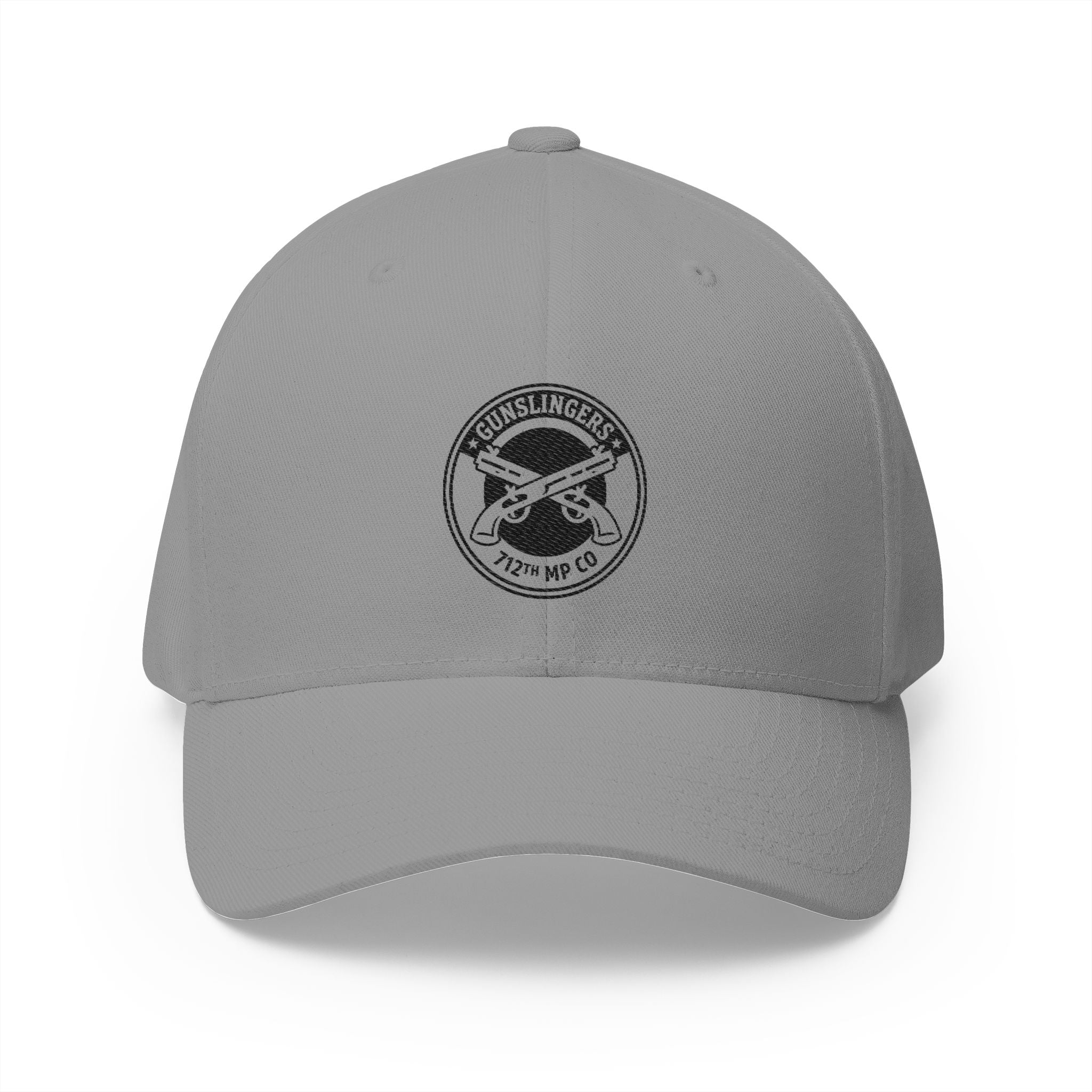 Grey embroidered baseball cap with black circular emblem on front
