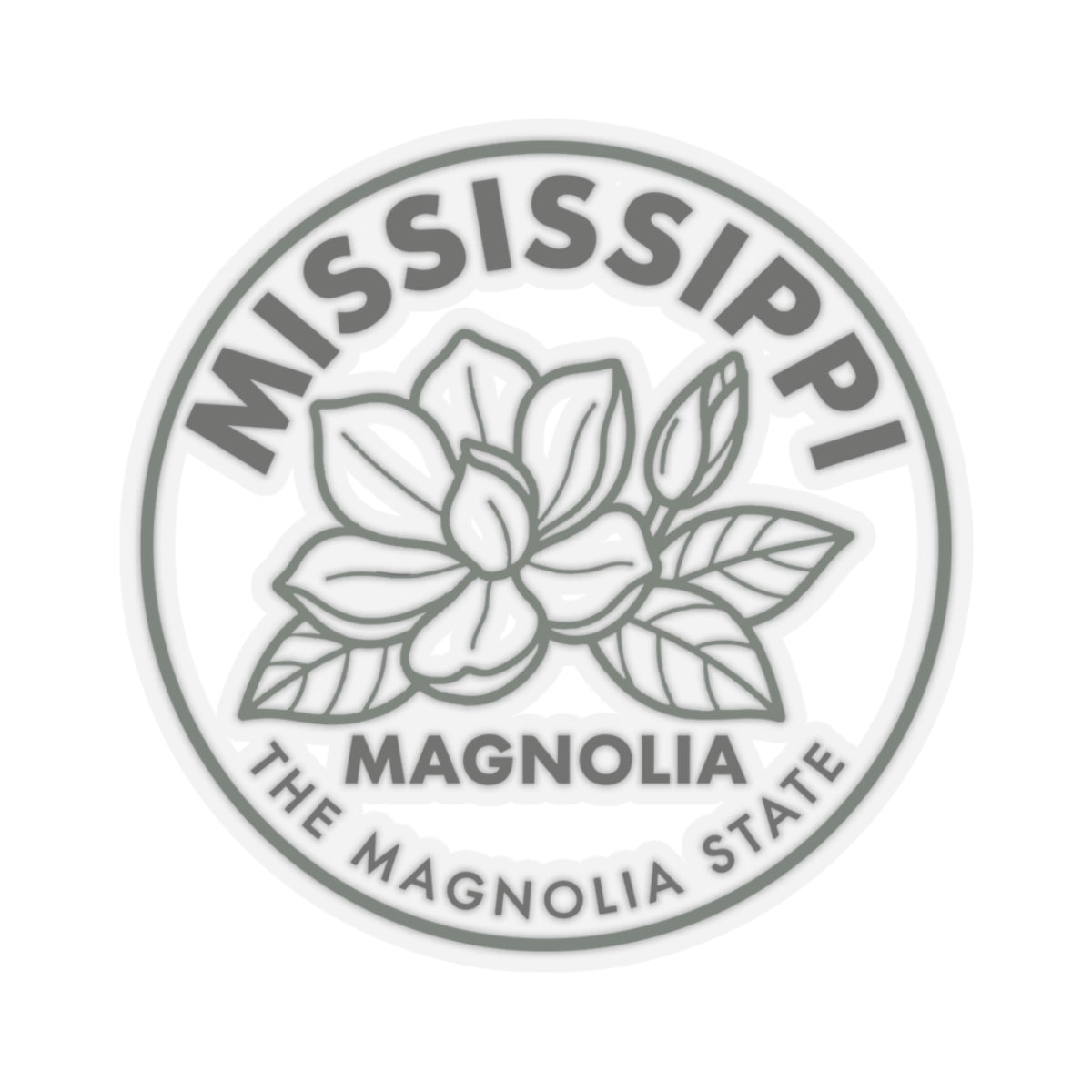 Transparent vinyl sticker featuring a round Mississippi magnolia floral state seal design