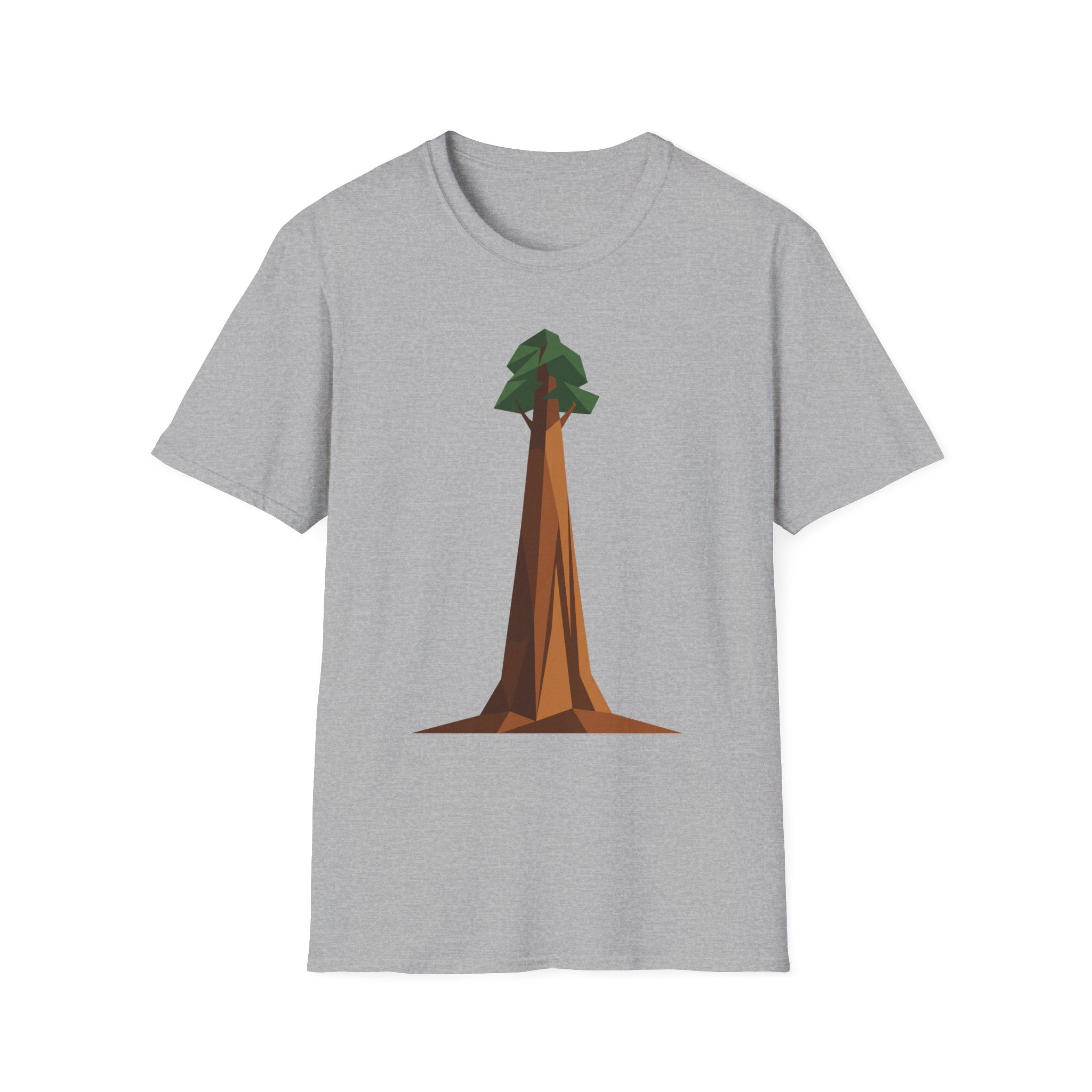 Geometric tree T-shirt, light gray base with low-poly redwood graphic on front