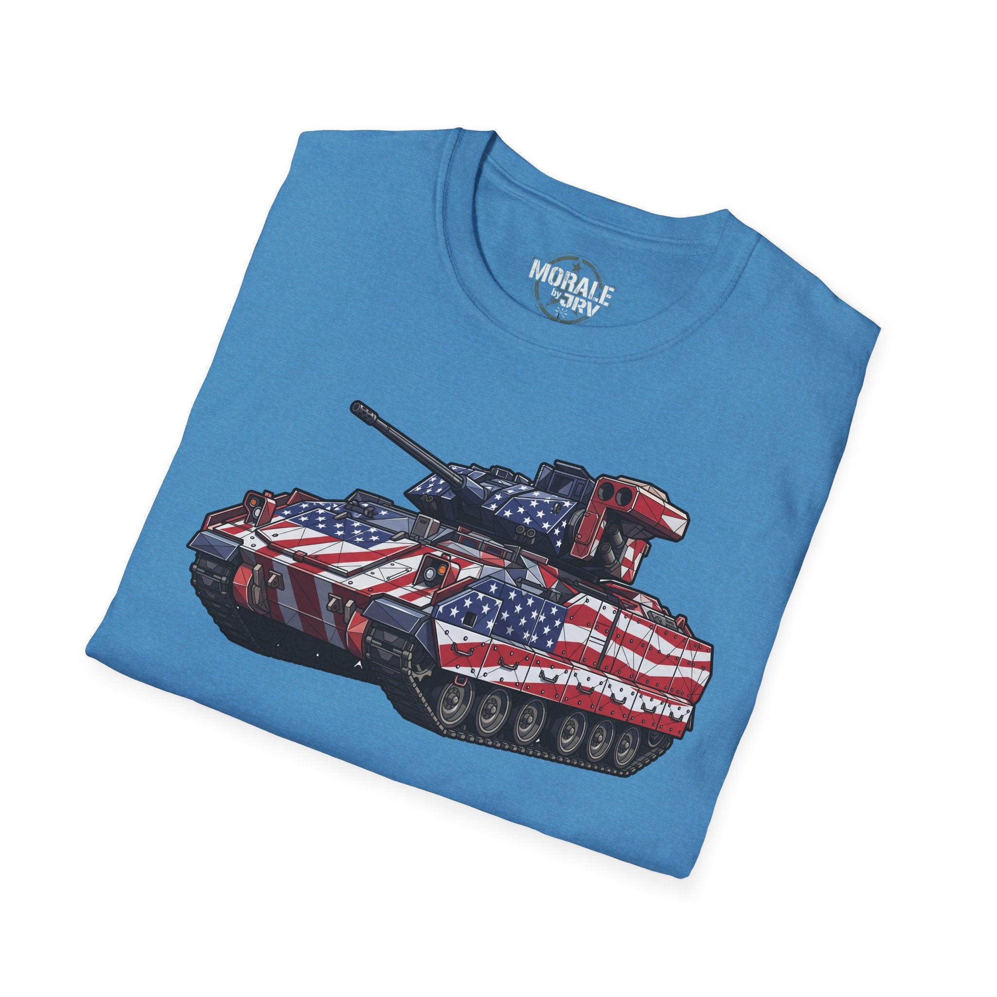 Light blue T-shirt with American-flag tank graphic on front