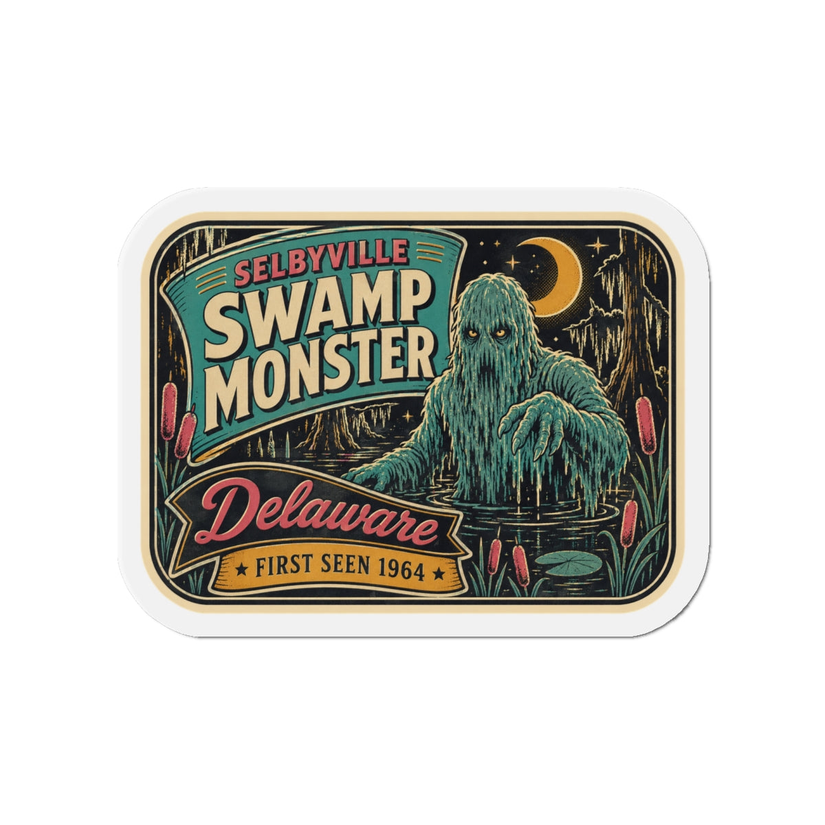 Die-cut magnet with retro swamp monster artwork and “Delaware” script, First Seen 1964.
