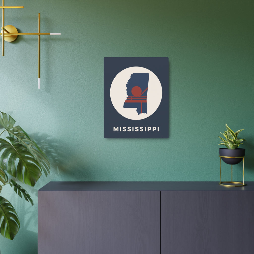Square metal art sign featuring Mississippi silhouette badge with white circle