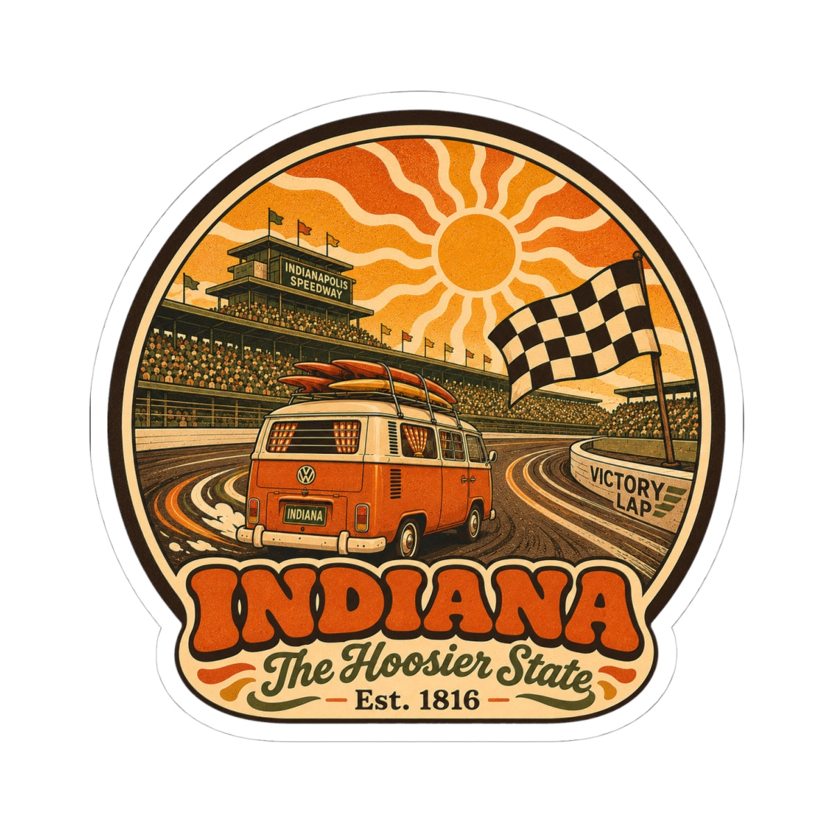 Circular vintage sticker showing orange VW van on racetrack with checkered flag and Indiana