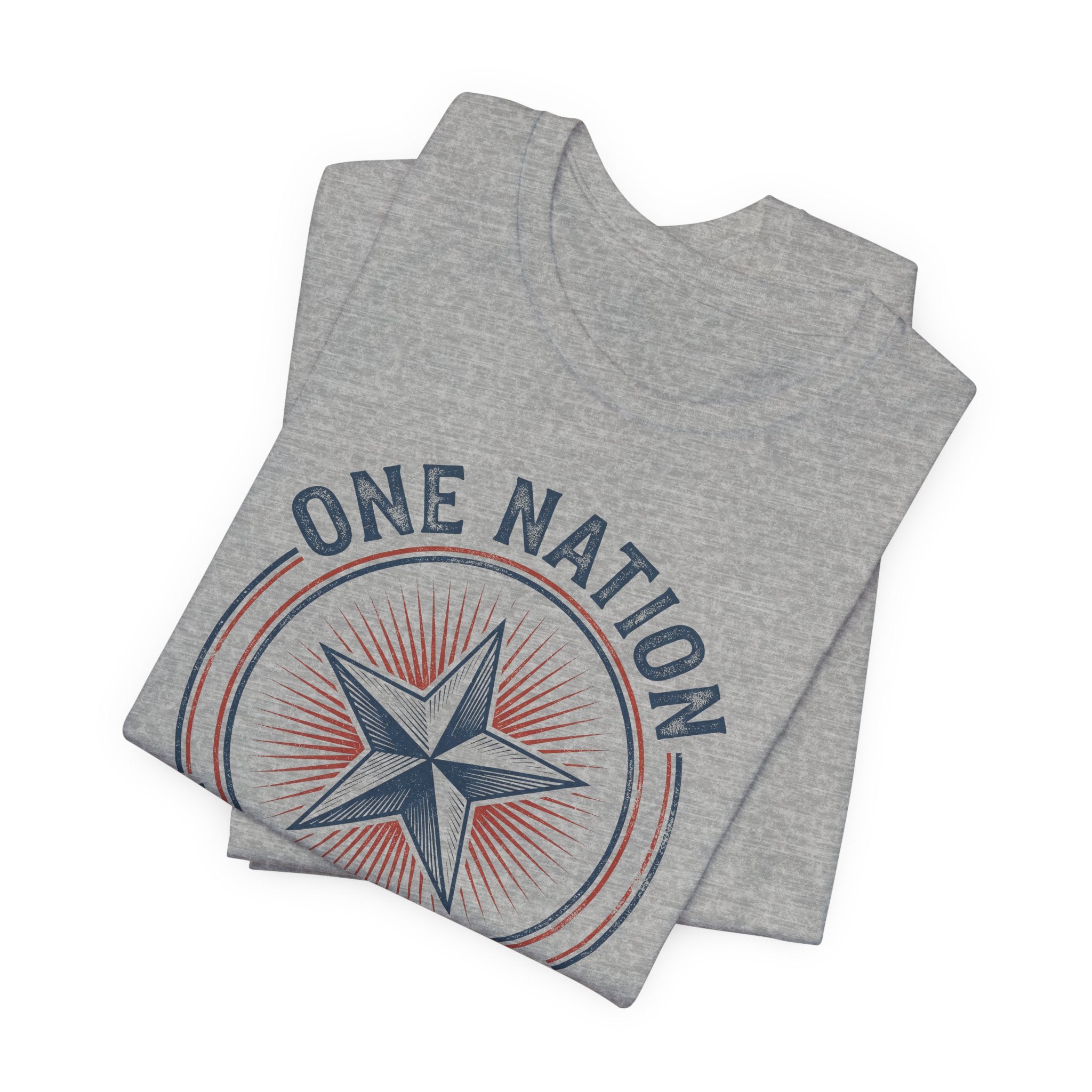 Heather gray t-shirt with circular star emblem and curved text graphic on front.