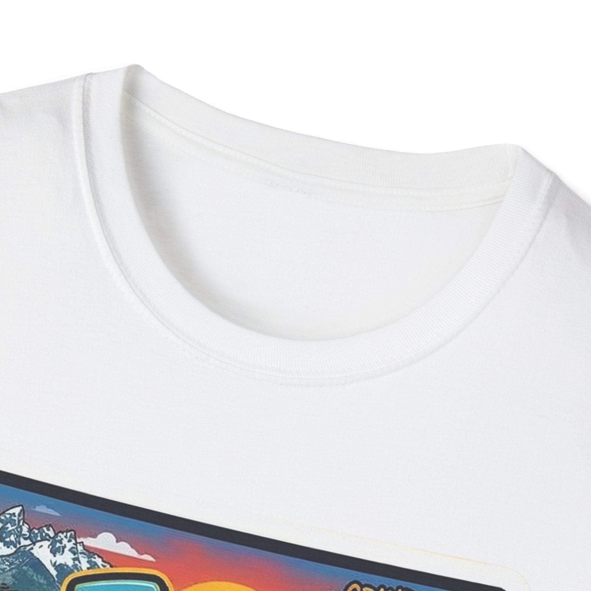 White T-shirt neckline close-up with partial "I am Wyoming" postcard graphic