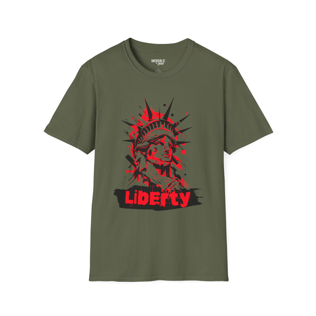 Liberty Statue graphic T-shirt, dark green; red-and-black “Liberty” front design