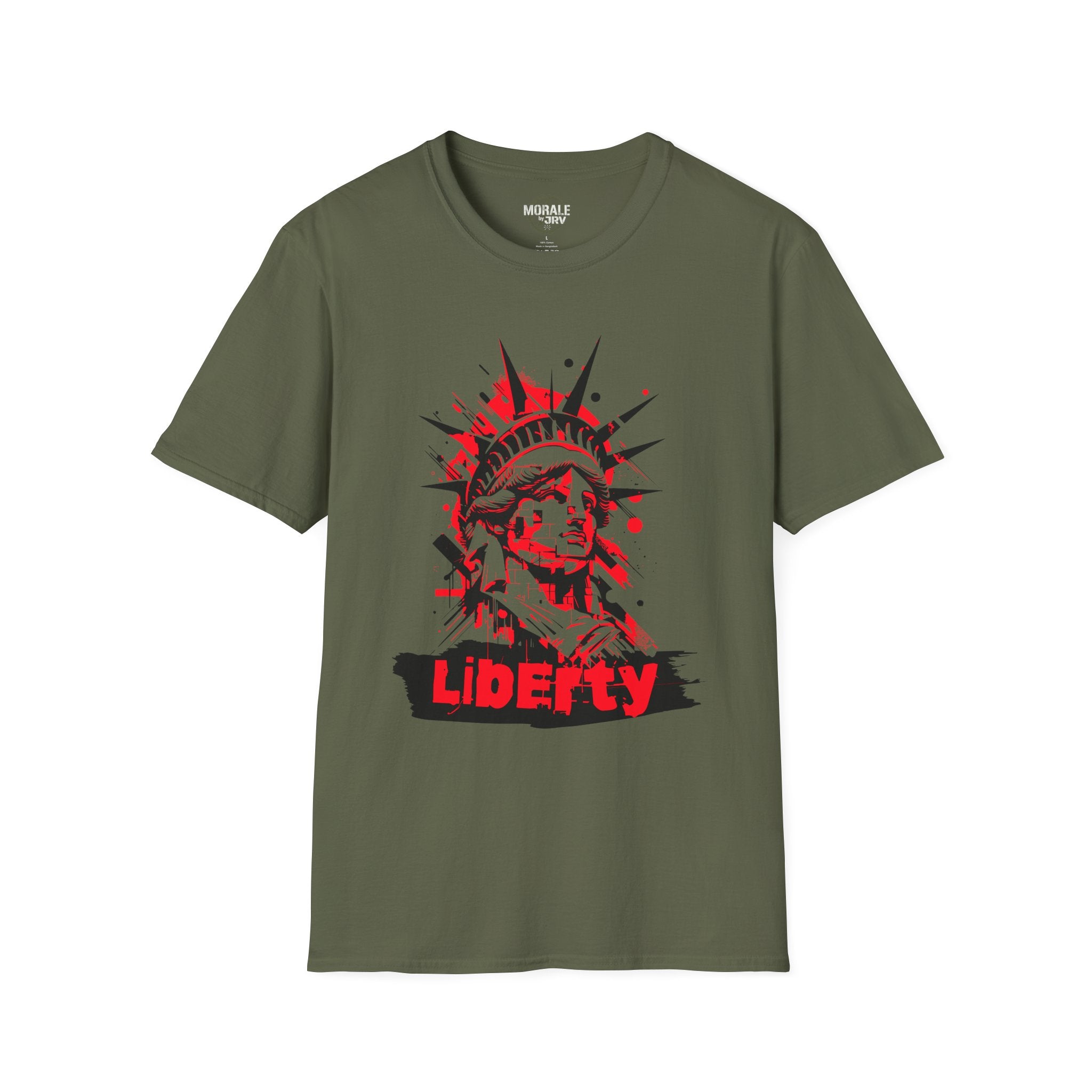 Liberty Statue graphic T-shirt, dark green; red-and-black “Liberty” front design