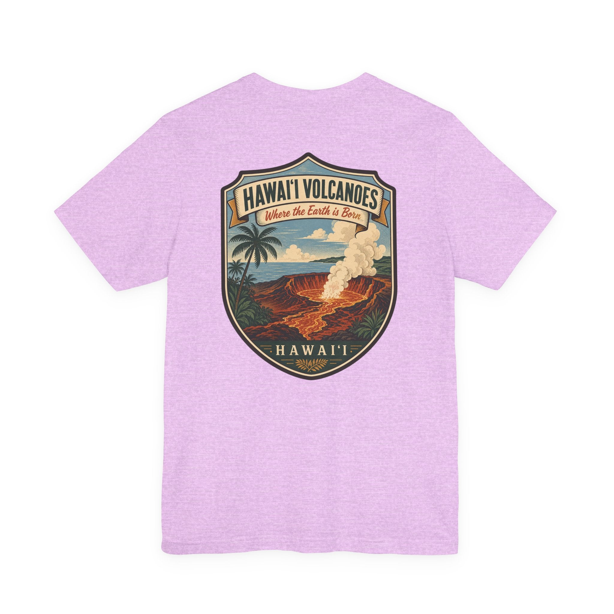Lavender short-sleeve T-shirt with large shield graphic reading “Hawai'i Volcanoes”.
