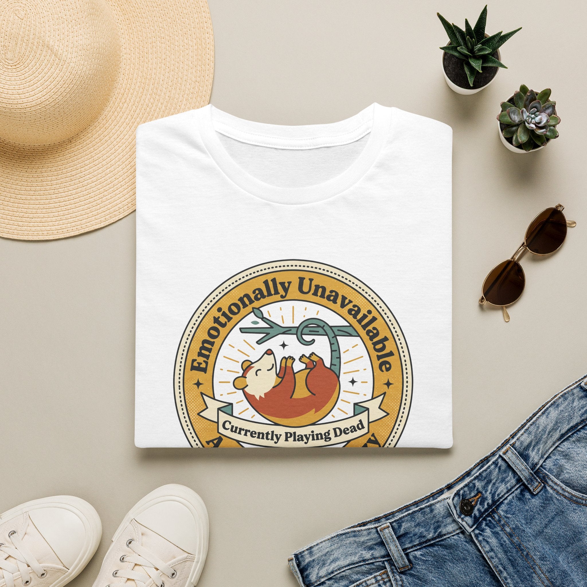 White sloth graphic T-shirt with round "Currently Playing Dead" logo