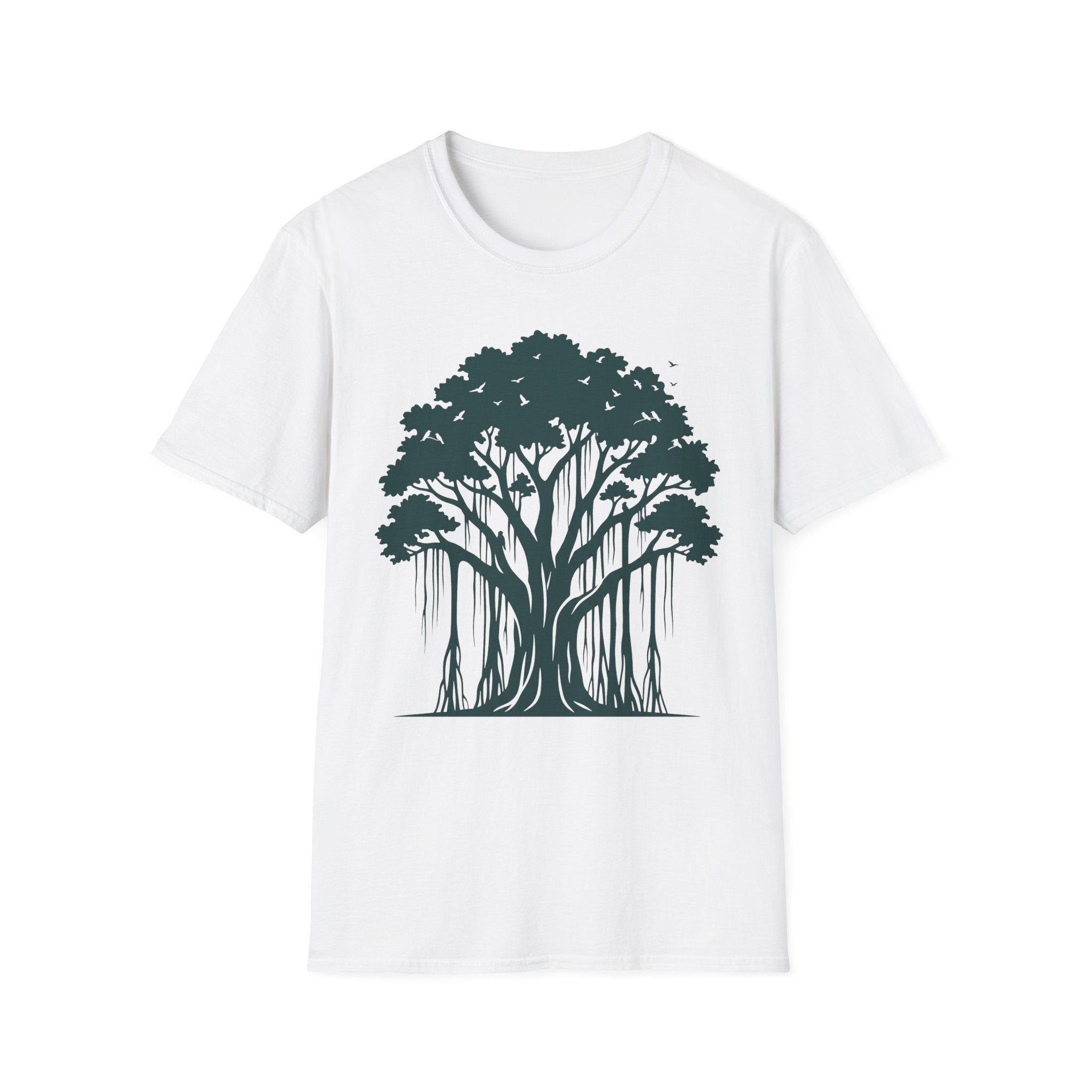 T-Shirt mit Banyan-Baum-Motiv, weißer Stoff, Frontgrafik mit Baum und Wurzeln