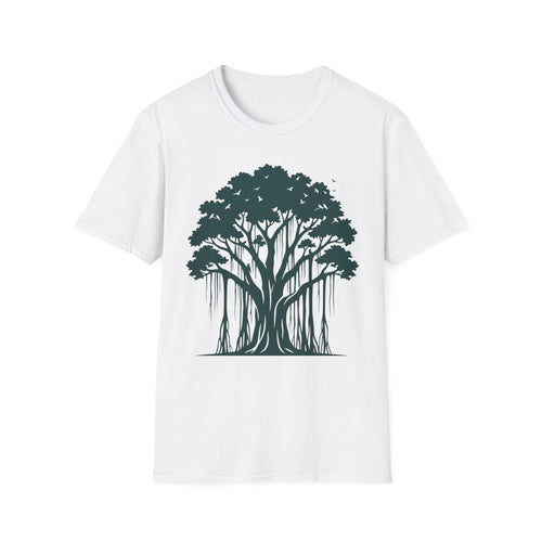 T-Shirt mit Banyan-Baum-Motiv, weißer Stoff, Frontgrafik mit Baum und Wurzeln