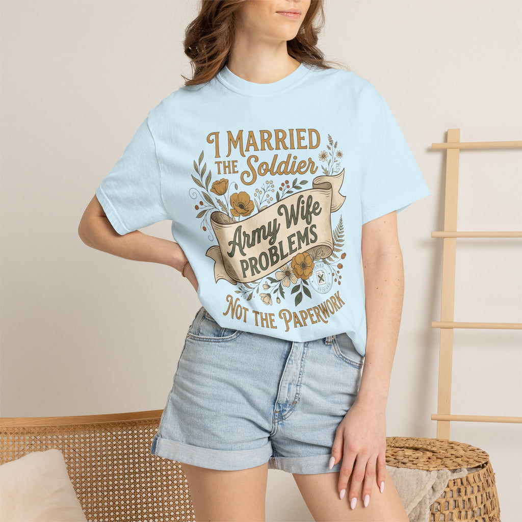 Light blue crewneck T-shirt worn by woman, 'Army Wife Problems' text