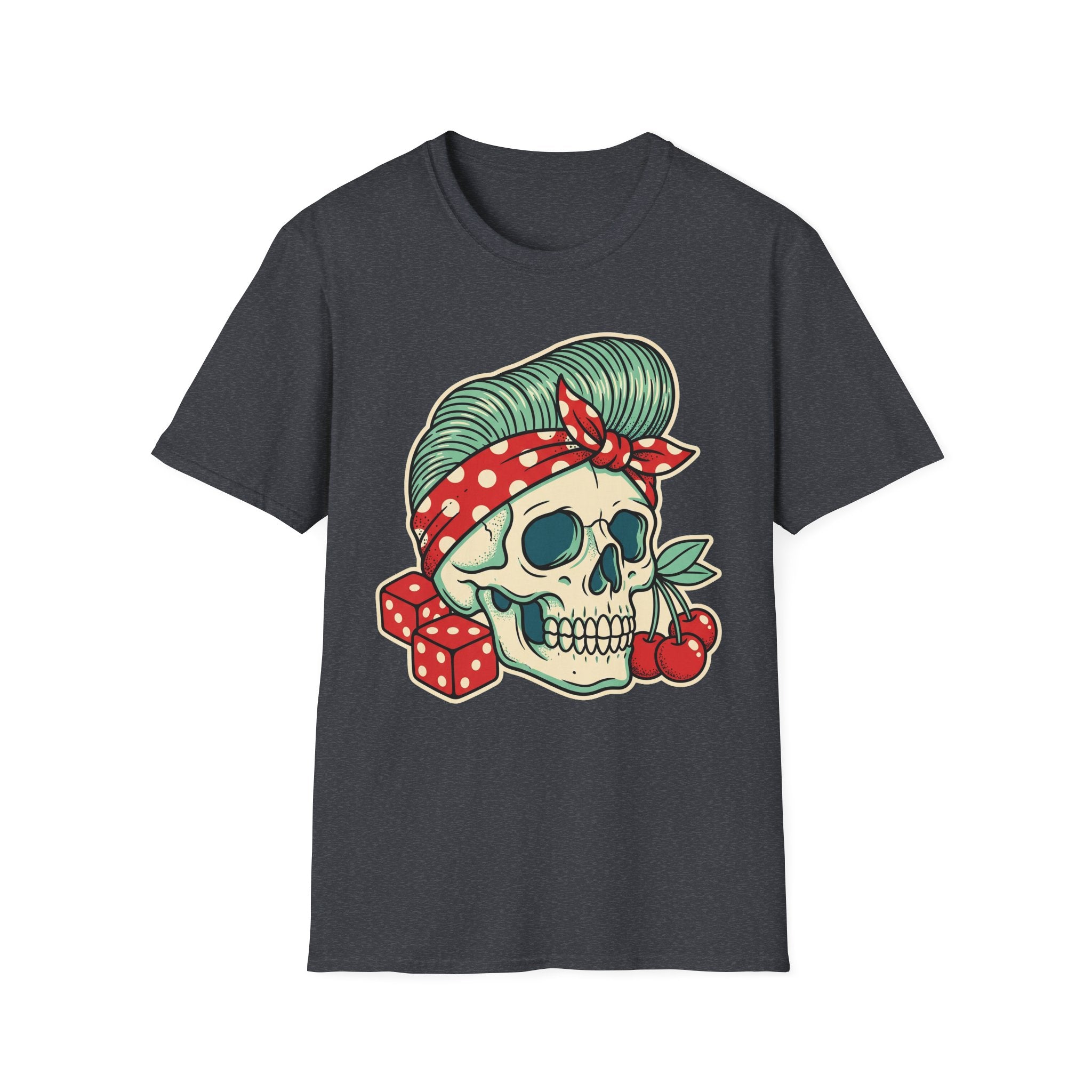 Dark gray rockabilly T-shirt with vintage-style sugar skull, red bandana, and cherry prints