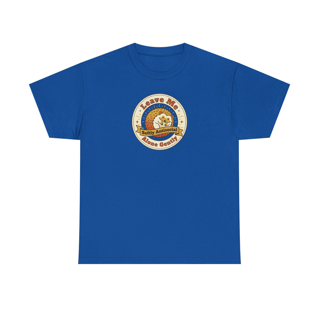 Royal blue T-shirt with circular graphic emblem at chest
