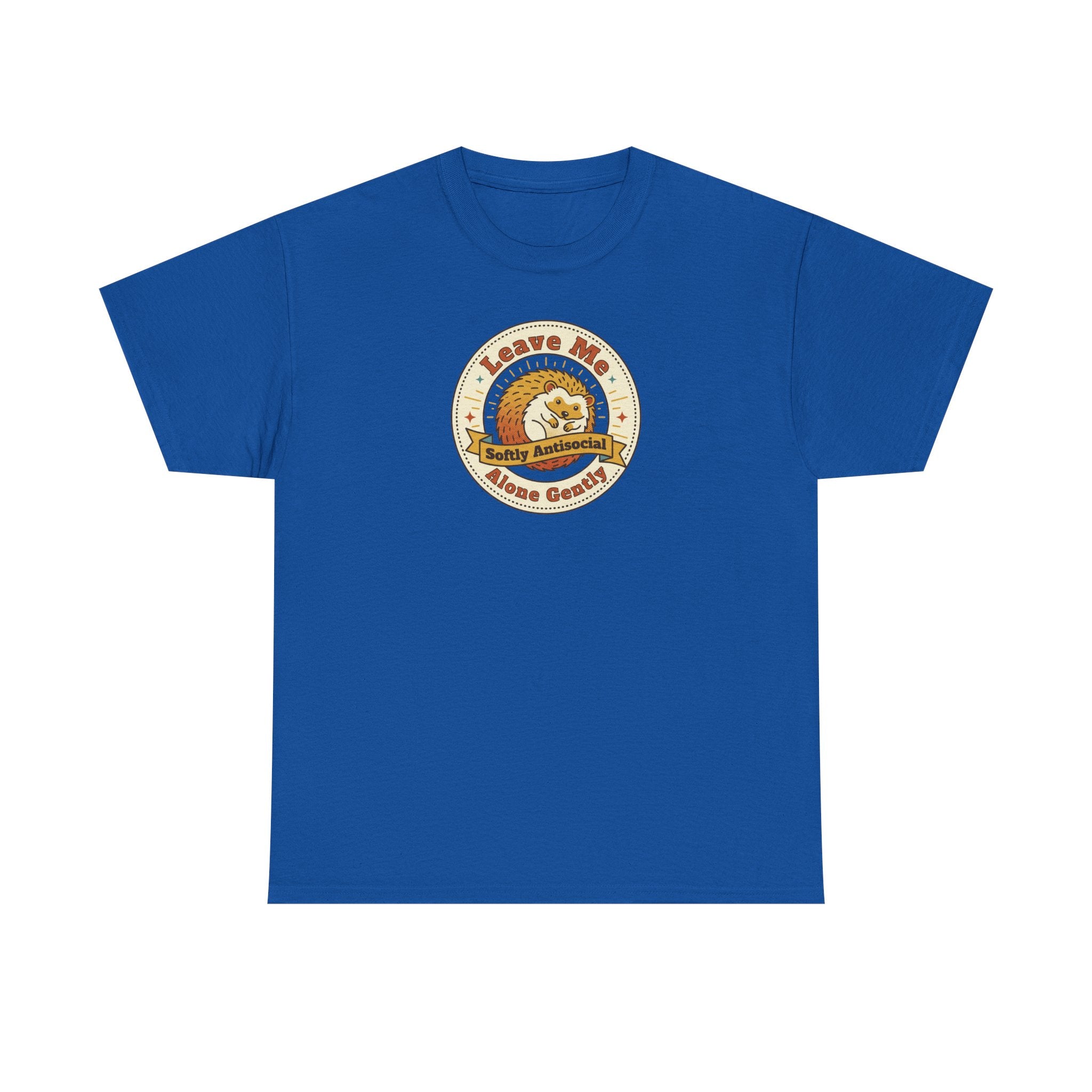 Royal blue T-shirt with circular graphic emblem at chest