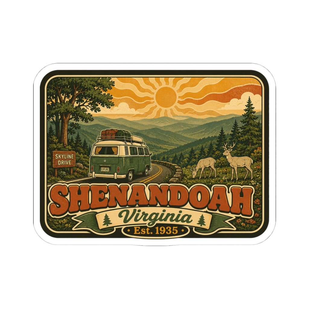 Kiss-cut sticker with rounded white border showing a retro green van on a scenic road and "Est. 1935"