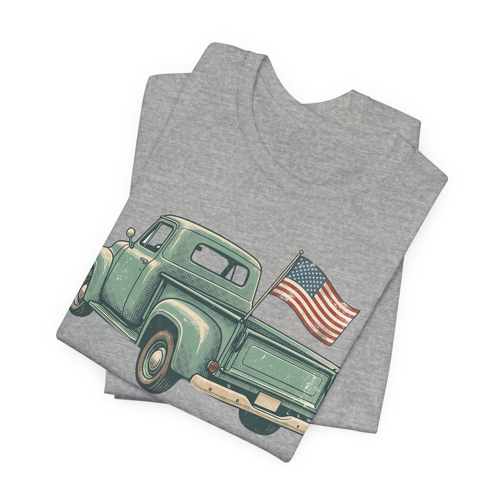 Dark heather gray t-shirt with green pickup truck and American flag graphic