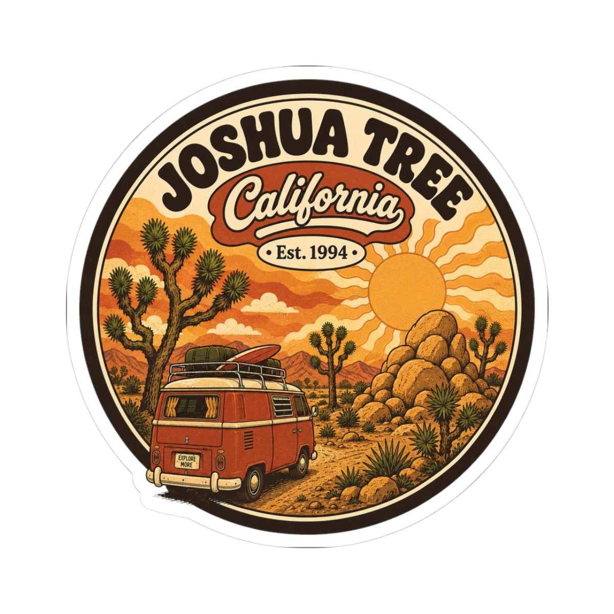 Round kiss-cut sticker: Joshua Tree California Est. 1994, red camper and desert rocks