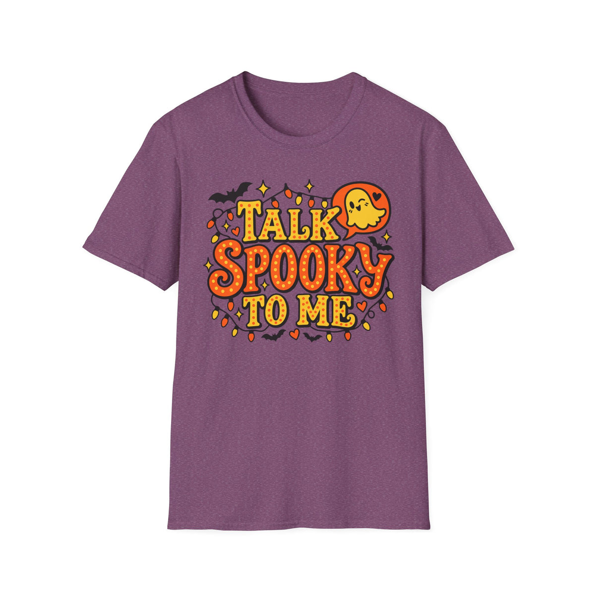 Heather purple crew-neck Halloween T-shirt with “Talk Spooky to Me” ghost graphic