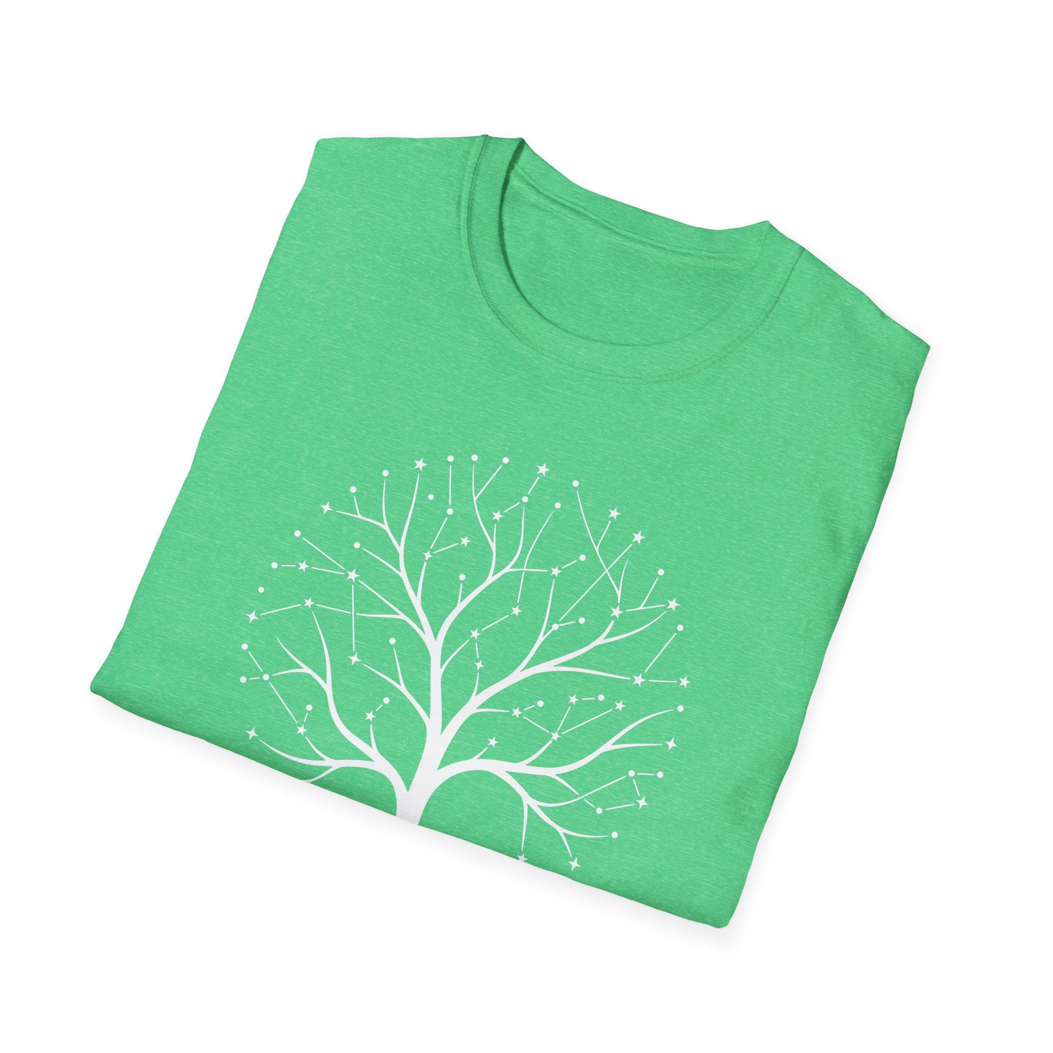 Bright green T-shirt with white tree-of-life star graphic on the front