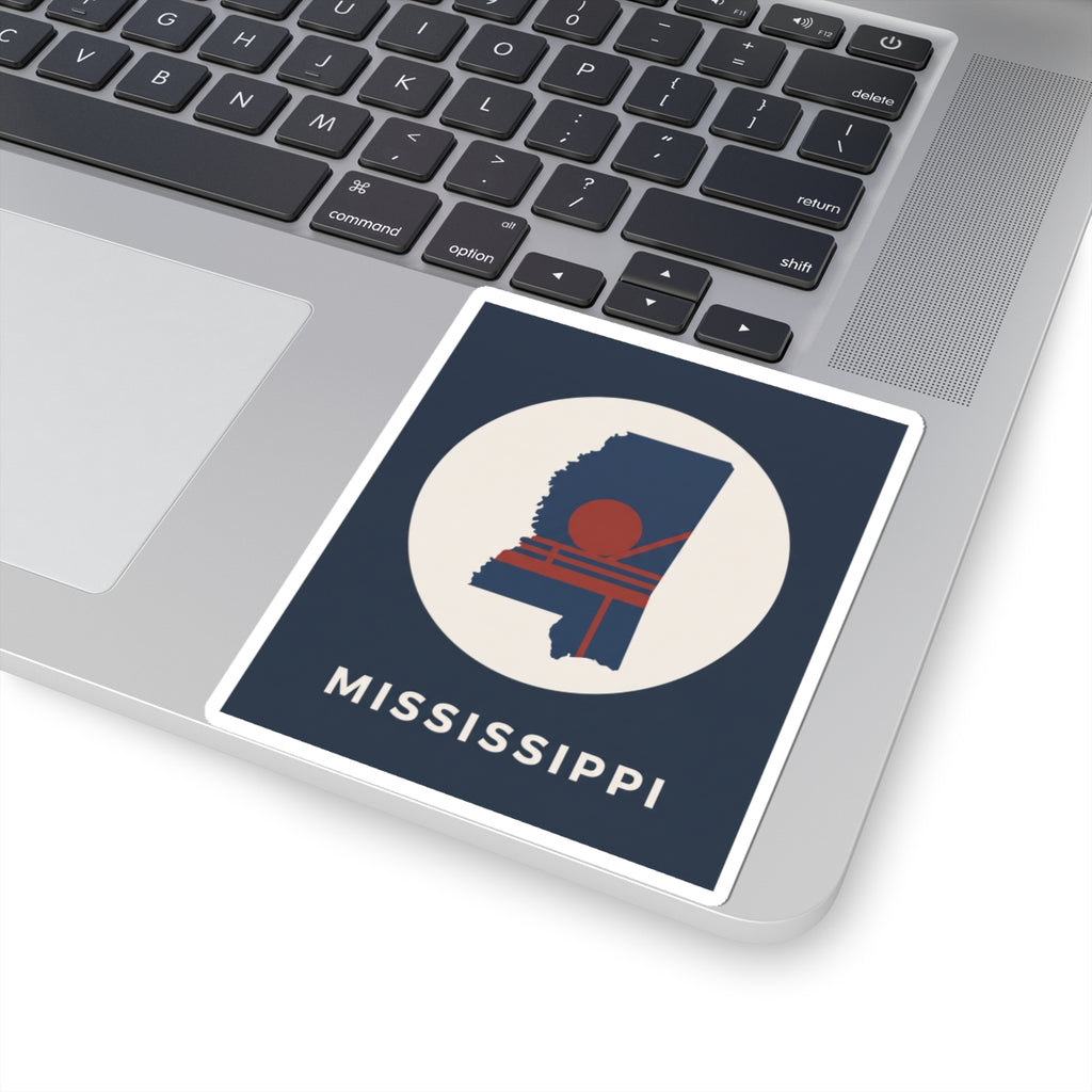 Square navy sticker with white circle, Mississippi graphic, red sun detail, and MISSISSIPPI text